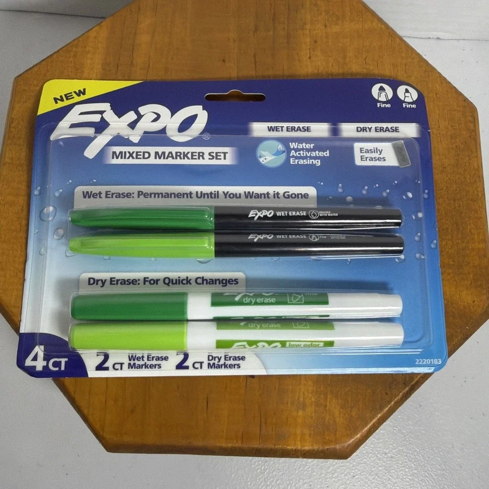 Expo 4ct Fine Mixed 2 Dry‎ / 2 Wet Erase Marker Assorted Green, NEW